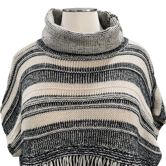 Linda Anderson Black Ivory Striped Knit Fringe Poncho Sweater One Size Cozy - Picture 9 of 9
